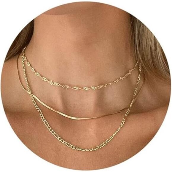 Gold Herringbone Necklace For Women,Layered Gold Necklaces,14k Gold Plated - Picture 7 of 7
